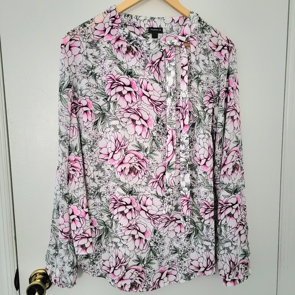 torrid Tops - Torrid || (1) White Pink Floral Georgette High Keyhole Neck Bow Tie Blouse